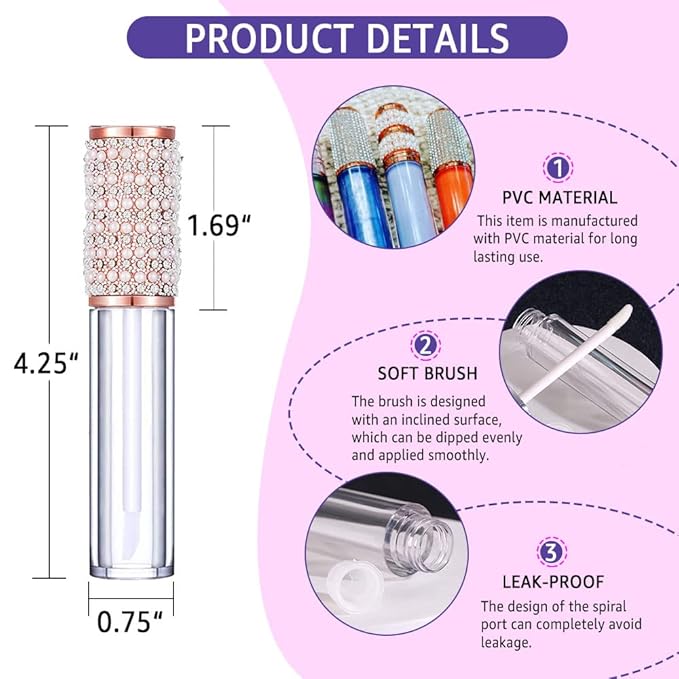 AMORIX 25 Pack Diamond Lip Gloss Tubes with Wand 5ml Empty Rhinestone Lip Gloss Containers Cute Lipgloss Bottles Crystal Lip Gloss Supplies Kit + 2pcs Syringes + Labels for DIY Lip Gloss Base