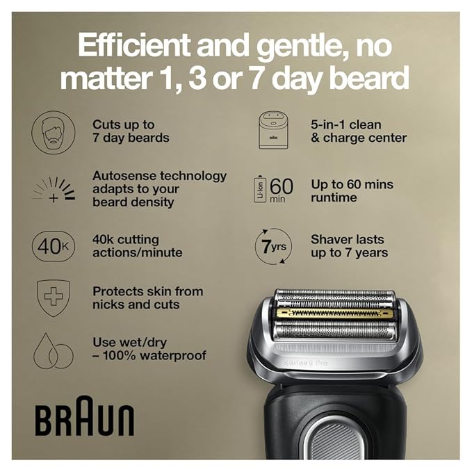 Braun Electric Razor,Waterproof Foil Shaver for Men,Series 9 Pro 9460cc,Wet & Dry Shave,w/ProLift Beard Trimmer for Grooming,5-in-1 Cleaning & Charging SmartCare Center, Head Shavers for Bald Men
