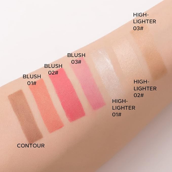 Liquid Contour+Highlighter Blush Stick+Liquid Blush Stick, Smooth Creamy (Contour+Blush#01+Highlighter #01)