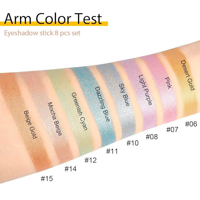 8Pcs Glitter Eye Shadow Sticks Liner Pencils Makeup Set, Desert Mocha Beige Gold Light Purple Pink Sky Dazzling Blue Geen Glitter Shimmer Eyeliner Pencil Cream Eyeshadow Palette Makeup for Older Women