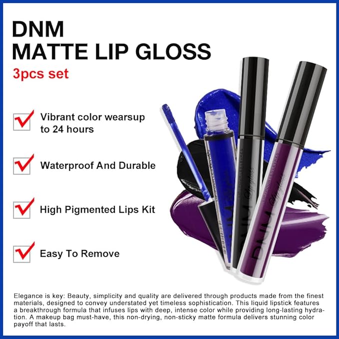 evpct 3Pcs Dark Purple Black Royal Blue Matte Liquid Lipstick Lip Stain Sets for Women Matte+Lipstick Long Lasting Waterproof Permanent 24 hr Hours Magic Lipstick 24 Hours original, Set27