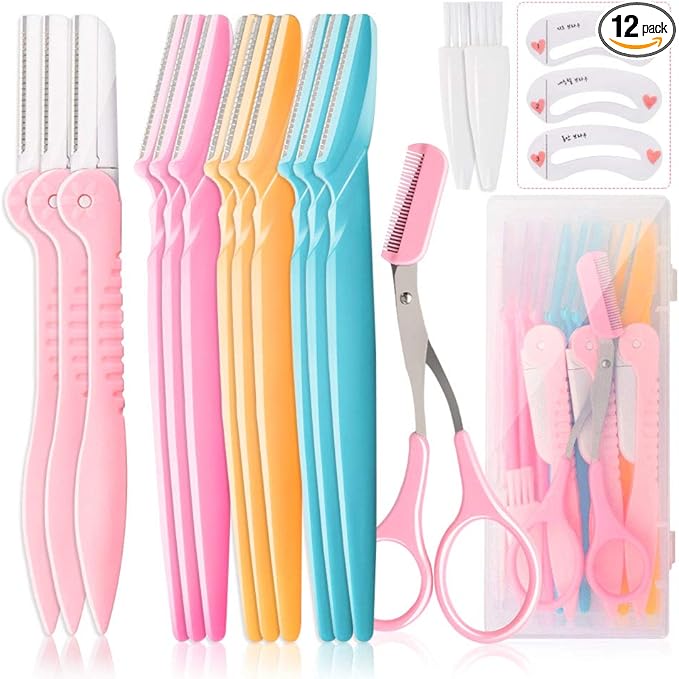 12 Pcs Eyebrow Razor, Face Razors for Women, Exfoliating Trimmers, Eyebrow Grooming Shaper for Women, Peach Fuzz, Hair Removal, Facial Razors Dermaplane Glow Razor