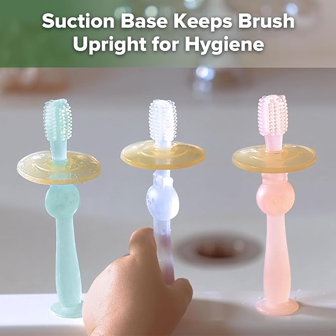 haakaa 360° Baby Toothbrush with Suction Base - Gentle Cleaning for Toddler's Self-Brushing Training, Food-Grade Silicone, Adjustable Safety Shield - Blue (1 Piece)