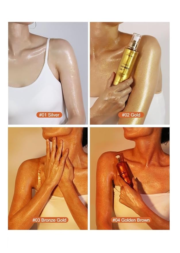 Shimmer Body Oil, Waterproof Lasting Moisturizing Luster Illuminates Skin.(SHINY GOLD)