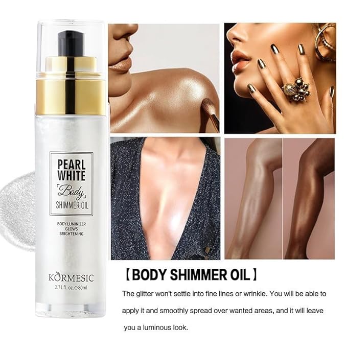 Shimmer Body Oil,Long Lasting Waterproof Face Brighten Glow Pearl White)