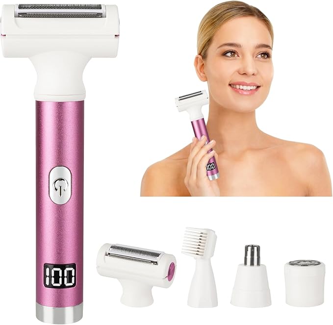 Electric Shaver for Women Men,2025 Cordless Electric Razor with 4 Accessories,Rechargeable Beauty Lady Led Display Facial Hair Remover,Smooth & Silky Bikini Trimmer for Body (Pink)