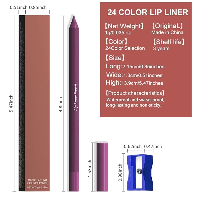 evpct 1Pcs Dark Lavender Purple Matte Long Lasting Lip Liner Pencil Makeup for Shaping & Sculpting Lips, No Transfer Long Wear Waterproof Pigmented Lip Liner lipliners Crayon Lipstick Pencil Sharpener