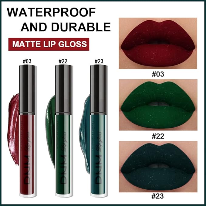 evpct 3Pcs Dark Color Colored Red Emerald Green Matte Liquid Lipstick Make up Set 24 Hour Long Lasting Waterproof Smudge Proof Deep red Green Liquid Lipstick Matte Lip Stain Gloss Liner Kit 8