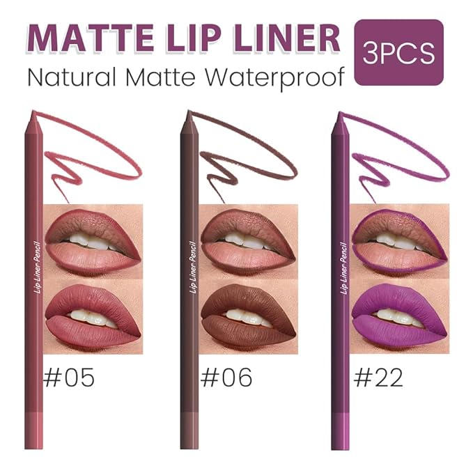 evpct 3Pcs Dark Mauve Coconut Brown Purple Matte Long Lasting Wear Lip Liner Pencils Makeup Set for Shaping & Sculpting Lips, No Transfer Waterproof Lip Liner Crayon lipliners Lipstick Pencil 5+6+22