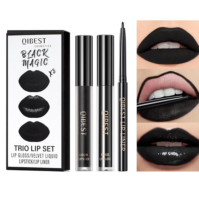 3Pcs Black Matte Liquid Lipstick,Lip Liner,Lip Gloss Trio Lip Set Waterproof Long-Lasting Moisturizing Velvety Lip Stain One Step Lips Makeup Kits Goth Makeup