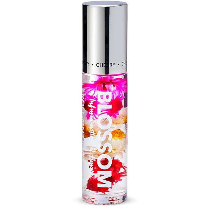 Blossom Roll on Lip Gloss, Scented Clear High Shine Moisturizing Lip Oil, Non Sticky, Infused with Real Flowers, Made in USA, 0.2oz, Cherry