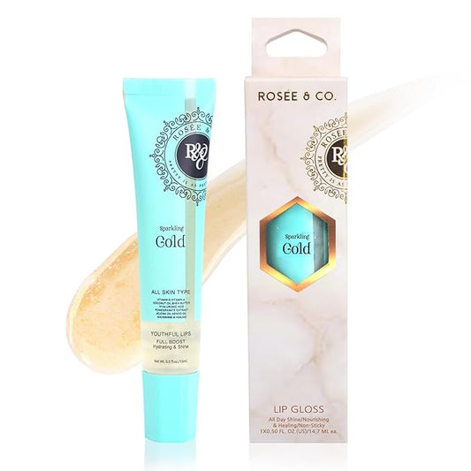ROSÉE & CO Rosee Lip Gloss Vegan & Cruelty Free Treatment, Professional Make up, Long Lasting Glossy with Shea Butter, Moisturize, Protect & Smooth, High Shine, Non-Sticky (e. Sparkling Gold, 0.5)