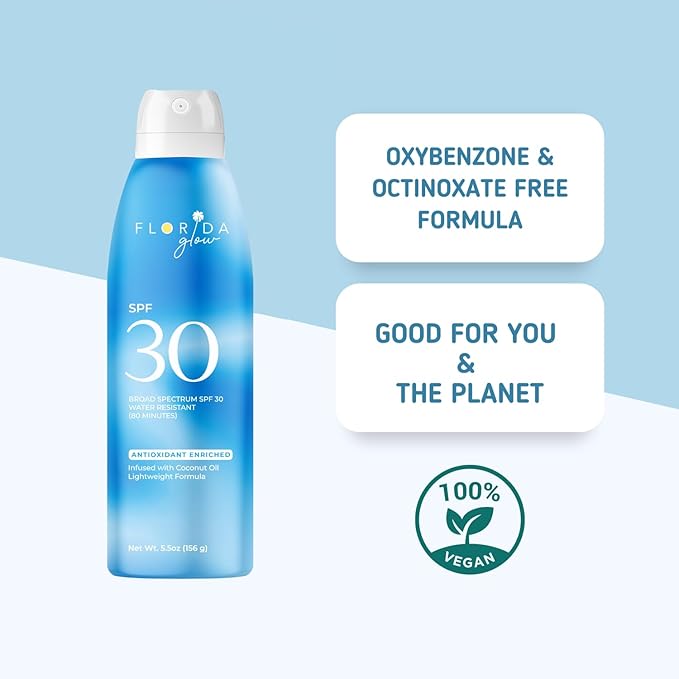 Florida Glow SPF 30 Sunscreen Spray - Hawaii 104 Reef Act & Florida Keys Compliant Broad Spectrum Water Resistant Sport Sun screen - Child Friendly Oxybenzone & Octinoxate Free (SPF 30 2-pack)