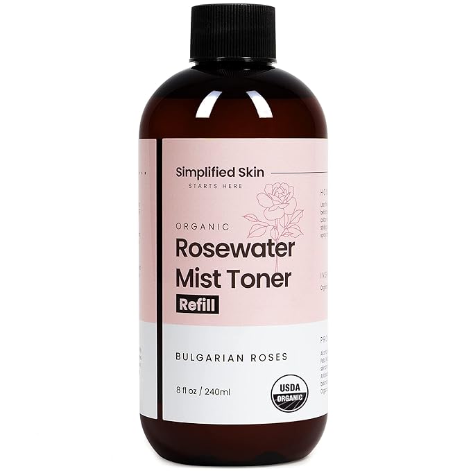 Rose Water Spray for Face & Hair (Refill Size) - Organic USDA Certified Rosewater Facial Toner - Alcohol-Free Makeup Setting Hydrating Face Mist - Anti-Aging Toner Spray - 8 Fl Oz