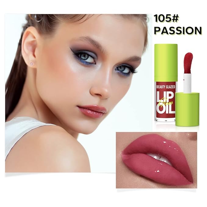 Beauty Glazed Big Brush Head Lip Oil, Ultra-Hydrating & Nourishing, Smooth Glossy Finish Lip Glow Oil, Shiny and Vegan Tinted Lip Gloss, Non-Sticky Formula (4, 101# 102# 105# 107#)