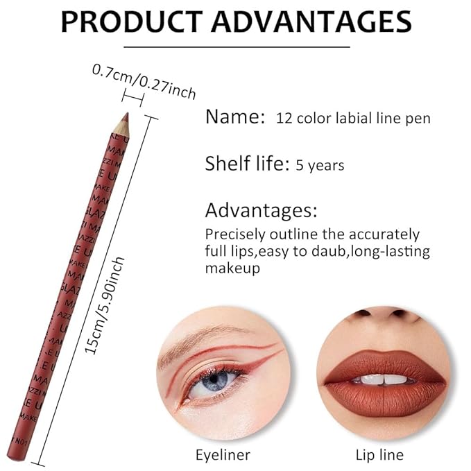 12 Pcs Natural Nude Brown Beige Colors Lip Liner Lipstick Pencils Set for Daily Makeup,Easy to Apply & Remove,Waterproof (B)