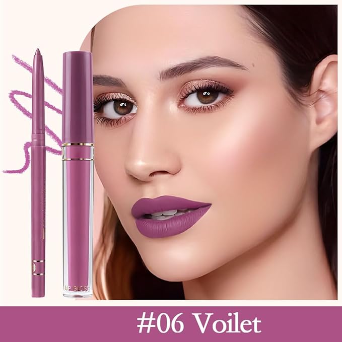 evpct 2Pcs Voilet Matte Lip Liner and Lipstick Pencils Lip Gloss Stains Makeup Set Kit for Women Long Lasting Waterproof 24
