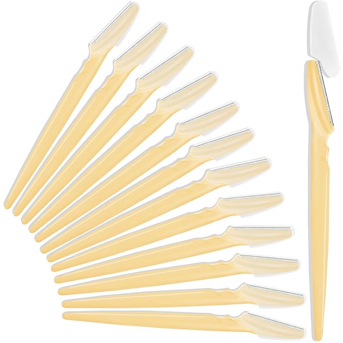12 Pcs Eyebrow Razors, Face Razors Multipurpose, Exfoliating Dermaplaning Tools, Eyebrow Trimmers Shaver with Safety Cover, Facial Hair Removal for Women Men Body Use (Yellow)