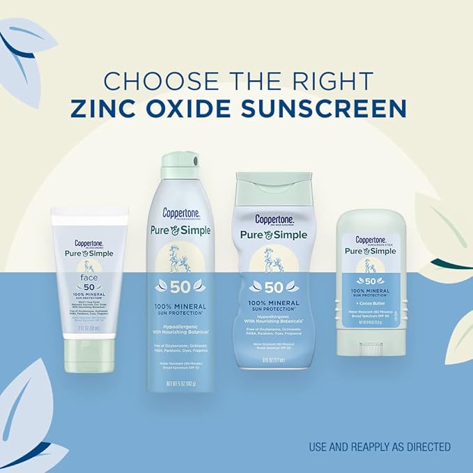 Coppertone Pure and Simple Spray Sunscreen, SPF 50 Broad Spectrum Sunscreen with Zinc Oxide, 5 Ounce (Pack of 3)