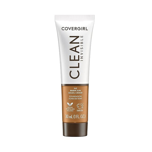 COVERGIRL Clean Invisible Foundation Makeup, Dewy & Glowy Natural Finish, Buildable Coverage, Skin-Like Smooth Look, Vegan, Warm Sun, 1oz