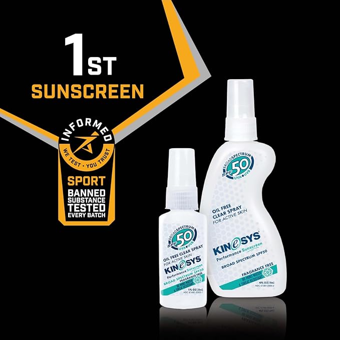 KINeSYS Fragrance Free Clear Spray Sunscreen for sensitive skin, SPF 50, Hypoallergenic, Broad Spectrum UVA/UVB protection for Face & Body; PABA and Oxybenzone FREE, 700+ Sprays, 4 Fl Oz/120 mL
