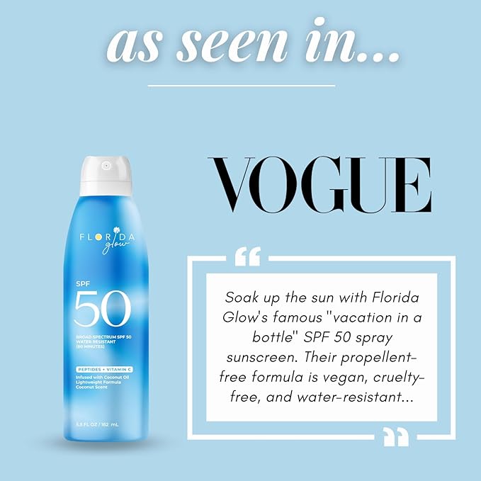 Florida Glow SPF 50 Sunscreen Spray- Hawaii 104 Reef Act & Florida Keys Compliant Broad Spectrum Water Resistant Sport Sun screen - Child Friendly PABA Free & Oxybenzone Free (5.5 Fl Oz 2-pack)