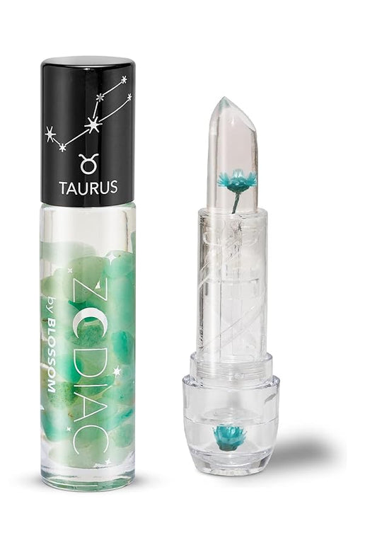 Blossom Zodiac Sign Vanilla Scented Moisturizing Roll-On Lip Gloss with Crystals + pH Technology Color Changing Crystal Strawberry Scented Lip Balm, 2 Pack Bundle, Taurus/Turquoise