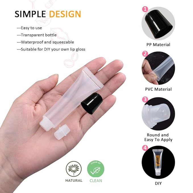 AMORIX 50PCS Lip Gloss Tubes 15ml Black Cap Lip Gloss Containers Empty Lip Balm Tubes Refillable Cosmetic Squeeze Lipgloss Tubes + 2 x 20ml Syringes Tag Labels for DIY Lip Gloss Base Glitter