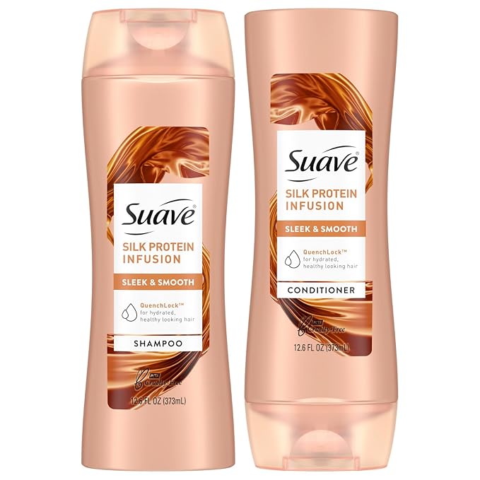Suave Shampoo and Conditioner Set, Silk Protein Infusion, Sleek & Smooth – Protein Hair Treatment for Dry, Damaged Hair, Detangler, 48H Frizz Control, 12.6 Oz Ea (2 Piece Set)