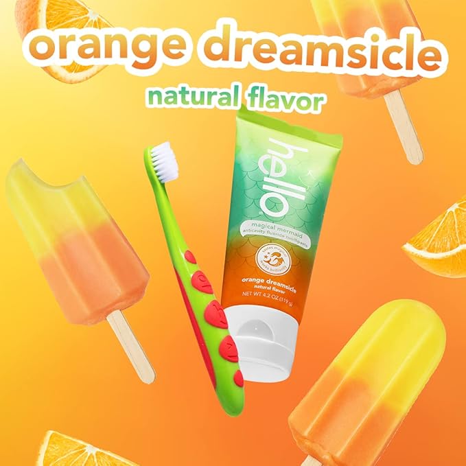 hello Magical Mermaid Kids Toothpaste with Fluoride, Orange Dreamsicle Flavor Toothpaste for Kids, Safe for Ages 2 and Up, Helps Prevent Cavities, Strengthen Enamel, Polish Teeth, 3 Pack, 4.2 Oz Each