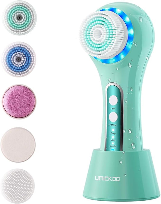 Face Scrubber Exfoliator,Facial Cleansing Brushes Rechargeable IPX7 Waterproof with 5 Brush Heads,Electric Face Spin Brush for Exfoliating, Massaging and Deep Cleansing (Mint Green)