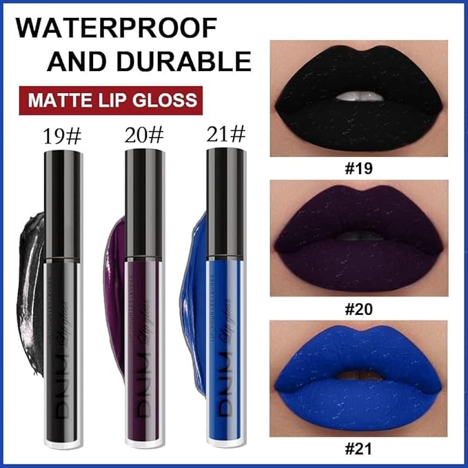 evpct 3Pcs Dark Black Purple Blue Matte Liquid Lipstick Halloween for Women Long Lasting Smudge Proof Black 24 Hours Original Lip Liner and Lipstick Stain Makeup Set labial mate larga duracion 24
