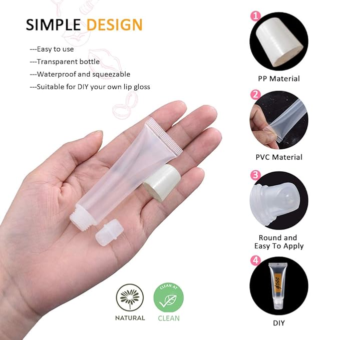 AMORIX 50PCS Lip Gloss Tubes 15ml White Lip Gloss Containers Empty Lip Balm Tubes Refillable Cosmetic Squeeze Lipgloss Tubes + 2 x 20ml Syringes Tag Labels for DIY Lip Gloss Base Glitter