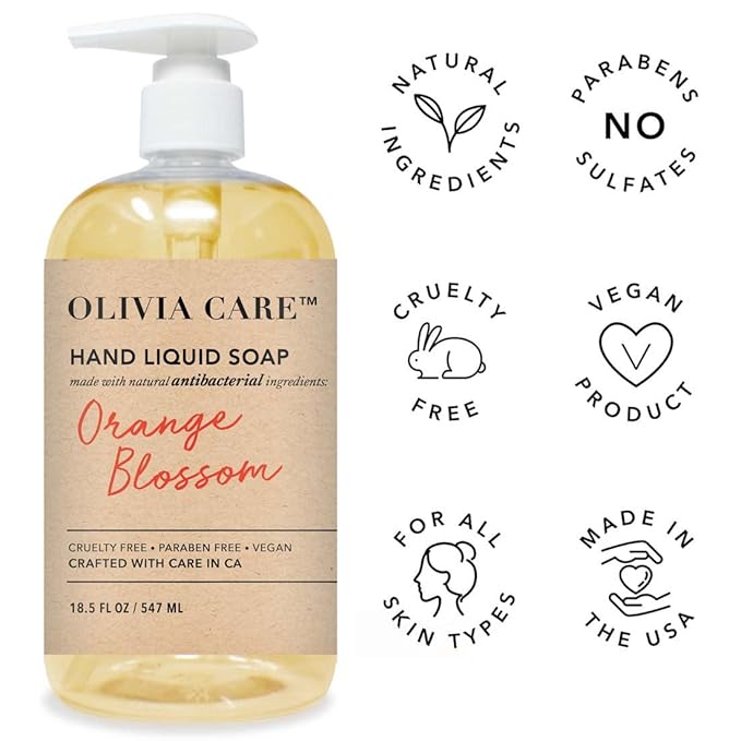 Olivia Care Antibacterial Hand Soap - Infused with Sage & Tea Tree Oil & Orange Blossom Fragrance, Cleansing, Germ-Fighting, Moisturizing Hand Wash for Kitchen & Bathroom - 18.5 fl oz