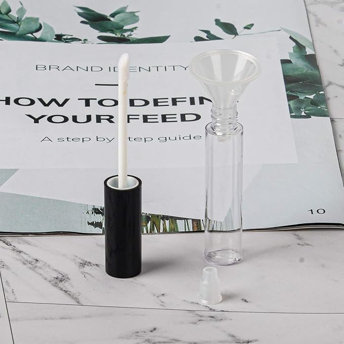 GTHER 10PCS 10ML Empty Lip Gloss Containers Tube with Wand, Refillable Lip Balm Bottles, Lipstick Sample Container and Funnel and Rubber Stoppers for Girls DIY Lip Samples, Black Top