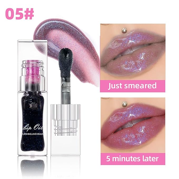 Magic Color Changing Lip Oil Ph, Glitter Lip Gloss, Upgraded Big Brush Head Moisturizing Long Lasting Nourishing Lip Glow Oil Non-Sticky Primer Lip Tint (# 05, 0.3 Oz)