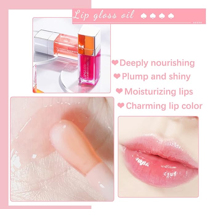 2 Colors Hydrating Plumping Lip Glow Oil,Moisturizing Lip Oil Gloss Transparent Glossy Lip Gloss Primer Lip Tint for Lip Care and Dry Lip (012#+015#)