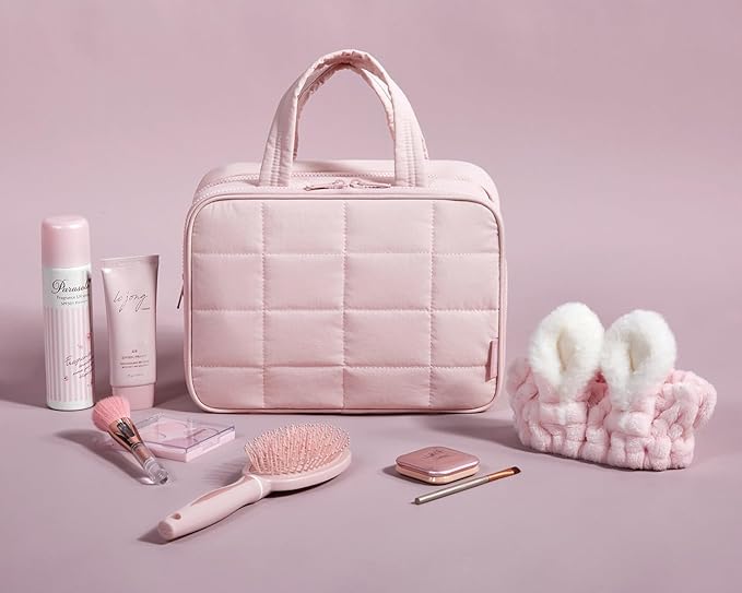 BAGSMART Travel Toiletry Bag with Jewelry Organizer, Hanging Travel Bag for Toiletries, Puffy Makeup Cosmetic Bag Organizer, Carry-on Travel Accessories Essentials, Pink-L