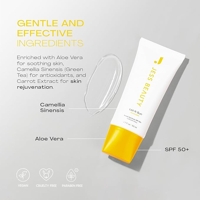 Jess Beauty Let it Sun 50+ Sunscreen, Green Tea & Aloe Extract, 1.7 fl oz