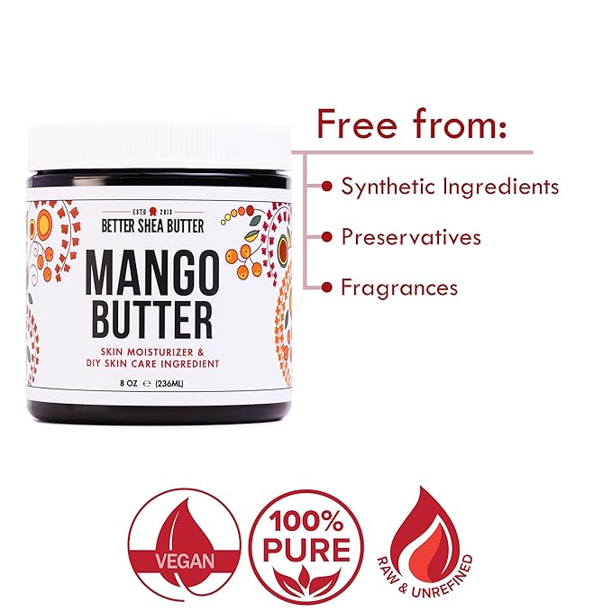 Raw Mango Butter - 100% Pure Mango Seed Butter - Natural Moisturizer for Skin and Hair - Use with Shea in DIY Body Butter, Lip Gloss, Lotion Bar and Soap Making, 8 oz Jar