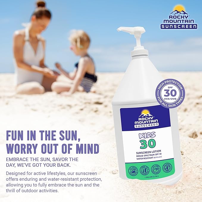 Rocky Mountain Sunscreen | KIDS SPF 30 Lotion -Broad Spectrum UVA/UVB Protection | Hawaii 104 Reef Act Compliant (Oxybenzone & Octinoxate Free) | Water Resistant 80 Min. | Gallon with Pump (128 Fl Oz)