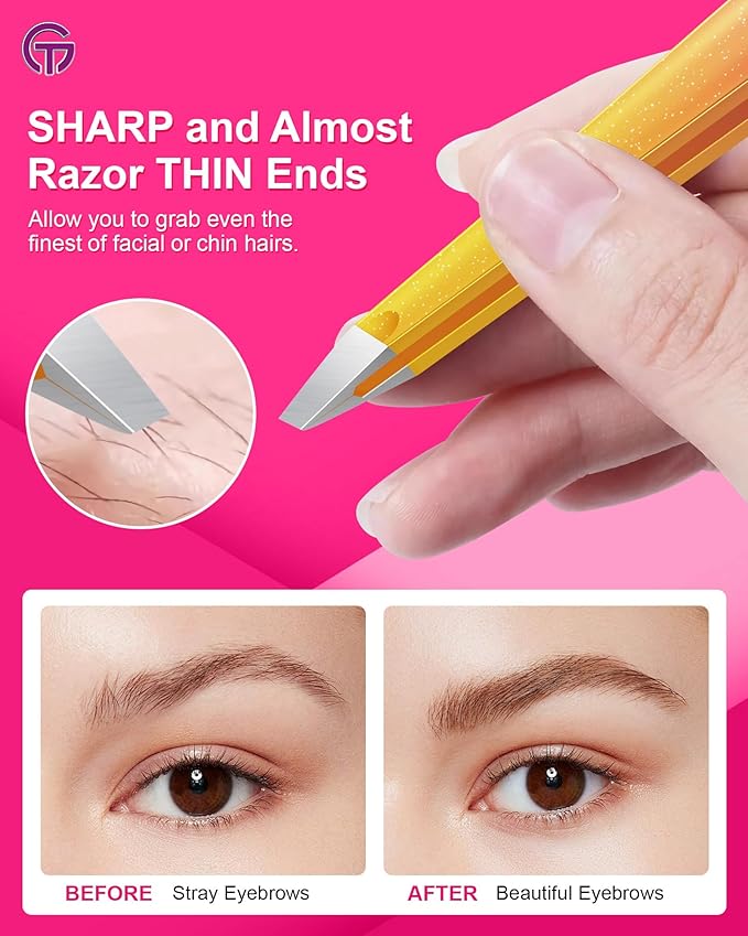 Expert Eyebrow Hair Removal Tweezer with Leather Case, GlamTweeler High Precision Slant Tip Stainless Steel Tweezers for Men and Women (Sparkle Fuchsia & Yellow)