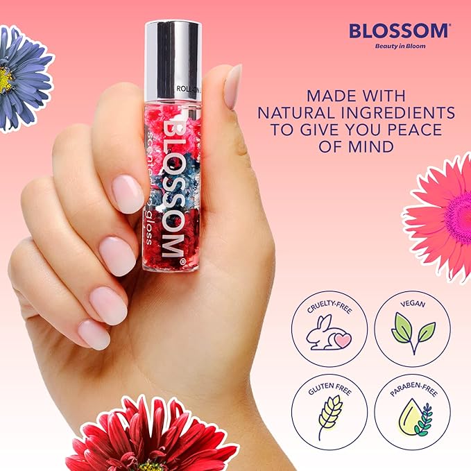 Blossom Roll on Lip Gloss, Scented Clear High Shine Moisturizing Lip Oil, Non Sticky, Infused with Real Flowers, Made in USA, 0.2oz, Island Fruit