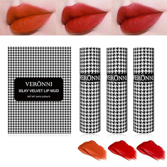 VERONNI Velvet Lip Mud Gloss Set,Matte Lipstick Multi-Purpose Long Lasting Lipgloss Set, Non-Sticky Gloss Smooth Pack Of 3 Lip Gloss Blush Makeup Set For Lips And Face (Set A)
