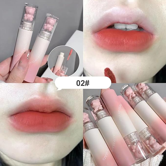 KWOLYKIM Pink Bear Matte Velvet Lip Gloss, Moisture Smooth Lip Glaze Waterproof Long Lasting Lip Stain Cute Beauty Makeup Nude Pink