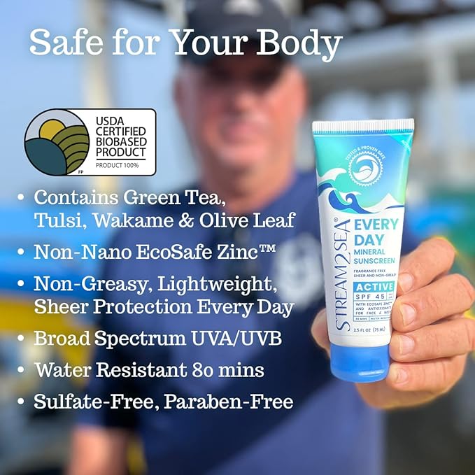 SPF 45 Every Day Active Mineral Sunscreen | 2.5 Fl Oz Biodegradable & Reef Safe Sunscreen for Face & Body | Non-Greasy, Lightweight & Sheer Mineral Protection Against UVA & UVB by Stream2Sea