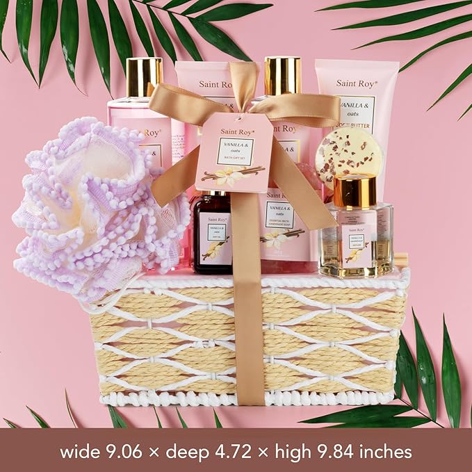 Bath and Body Gift Baskets for Women, 12 Pcs Vanilla Oat Spa Gifts for Women. Bath Gift Set Enriched Shea Butter. Home Spa with Shower Gel, Body Oil, Saint Roy Gifts for Mom