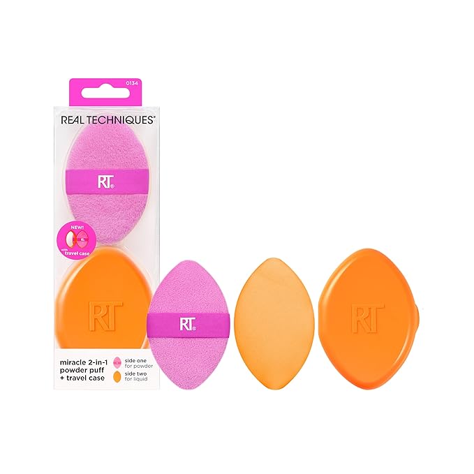 Real Techniques Miracle 2-In-1 Powder Puff + Travel Case, Dual-Sided Makeup Blending Puff, Elastic Band, Precision Makeup Sponge & Powder Puff, For Liquid, Cream & Powders, Travel Case, 2 Count