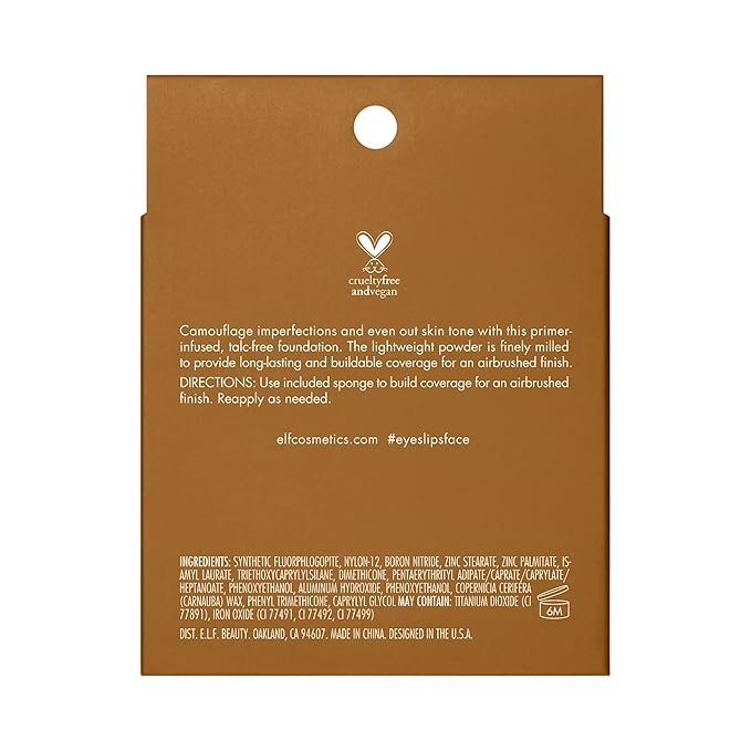 e.l.f. Camo Powder Foundation, Lightweight, Primer-Infused Buildable & Long-Lasting Medium-to-Full Coverage Pressed Foundation for Face, Tan 450 N