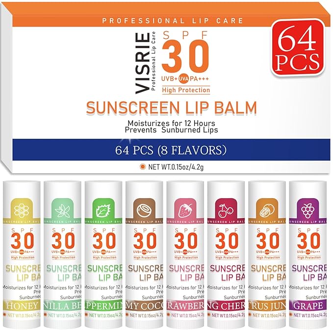 SPF 30 Lip Balm with Sunscreen, SPF Lip Balm Bulk Travel Size-64 Pack, Hydrating Lip Balm Pack with Vitamin E and Coconut Oil- 8 Flavors